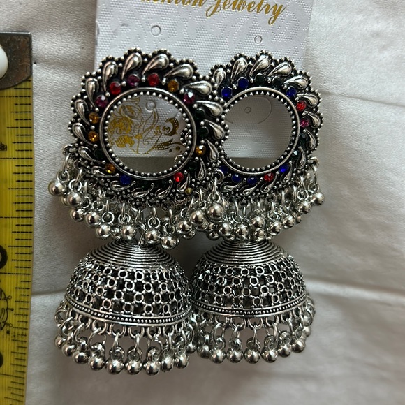 Jhumka earnings, silver gray with multi, blue or black. New - Picture 3 of 6